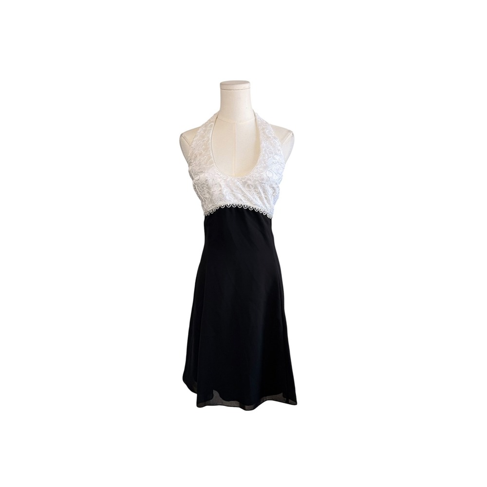 Jessica McClintock Gunne Sax Vintage Halter Dress Lace Black White Size 13/14